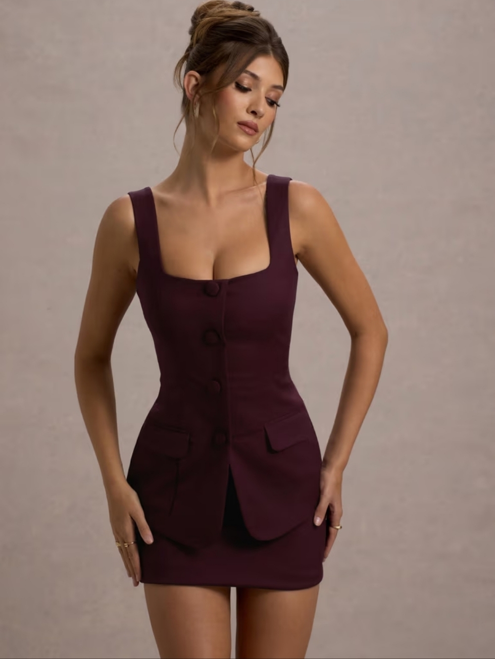 Plum Button-Front Mini Dress with Pocket Detail